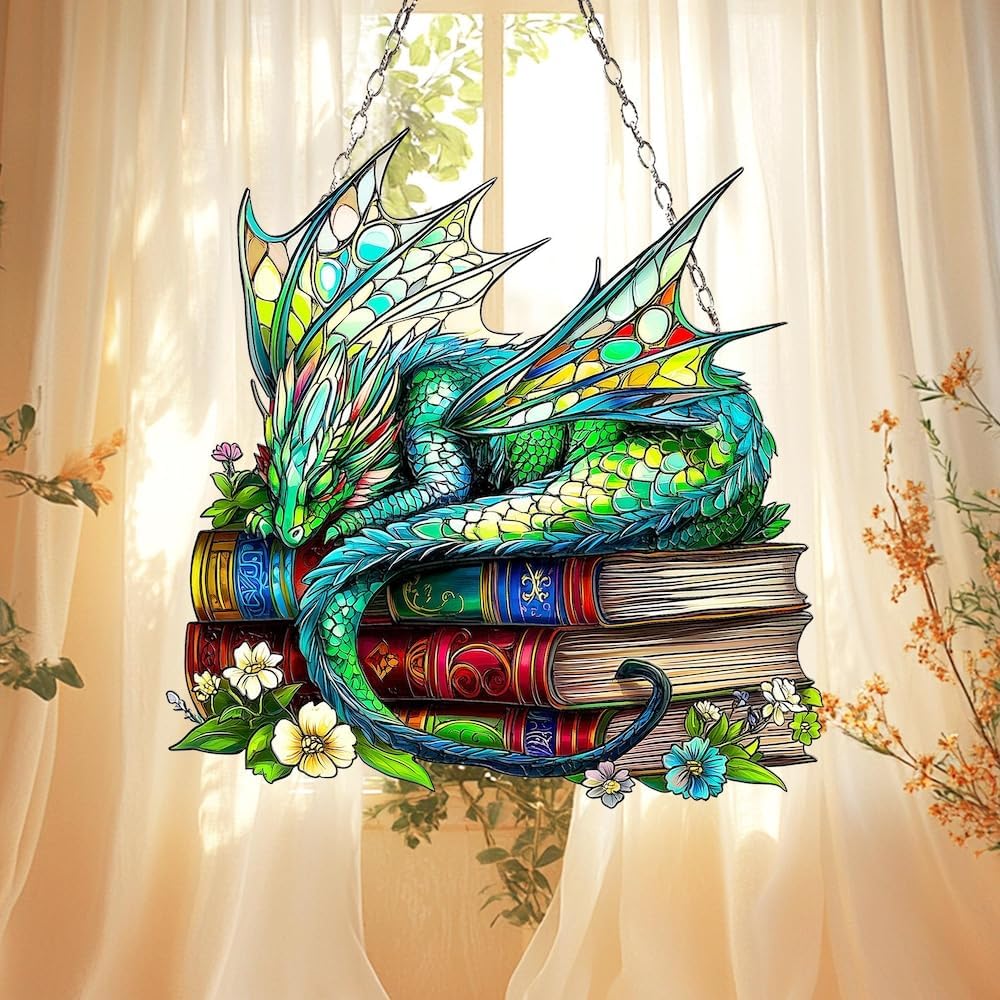 Dragon Books Bookish Acrylic Suncatcher Stained Glass Effect Window Car Hanging Christmas Ornament Indoor Outdoor Decor Garden Bookworm Sun Catcher Book Lover for Women Mom Grandma