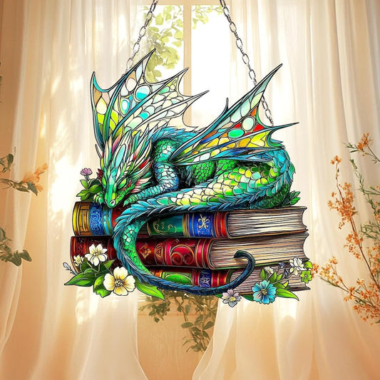 Dragon Books Bookish Acrylic Suncatcher Stained Glass Effect Window Car Hanging Christmas Ornament