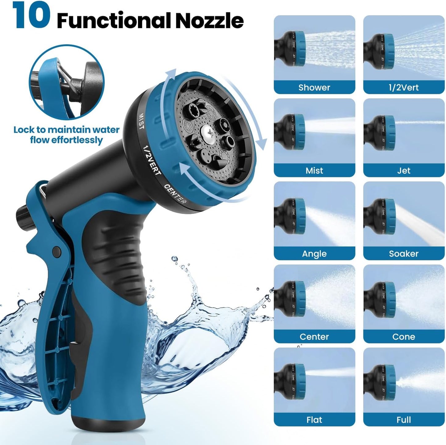 Garden Hose 95FT, Water Hose with 10 Function Nozzle, Garden Hose Metal with Leak-proof Connectors, Kink-Free & Ultra Flexible, Rust/Pet/Puncture Proof for Lawn, Yard, RV, Car Wash, 550PSI