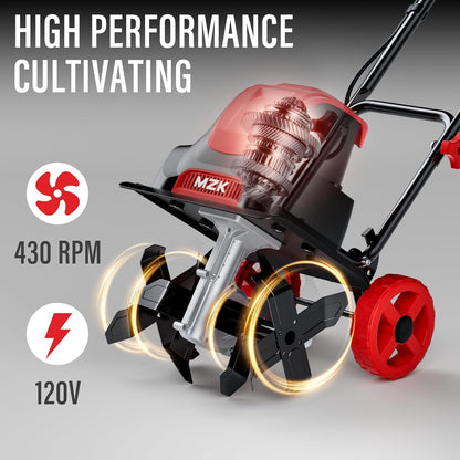 MZK 12-Inch 10.5 Amp Corded Electric Tiller/Cultivator for Gardening, 8-inch tillling Depth with Adjustable Wheels, Electric Garden Rototiller for Garden/Lawn/Yard/Soil Digging
