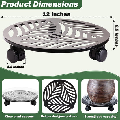 4 Packs Large Metal Plant Caddy with 3 PU Wheels 12" Heavy-duty Wrought Iron Rolling Plant Stands Indoor Outdoor Wheeled Plant Dolly Planter Mover Rollers Plant Trolley Cart, Plant Saucers Included