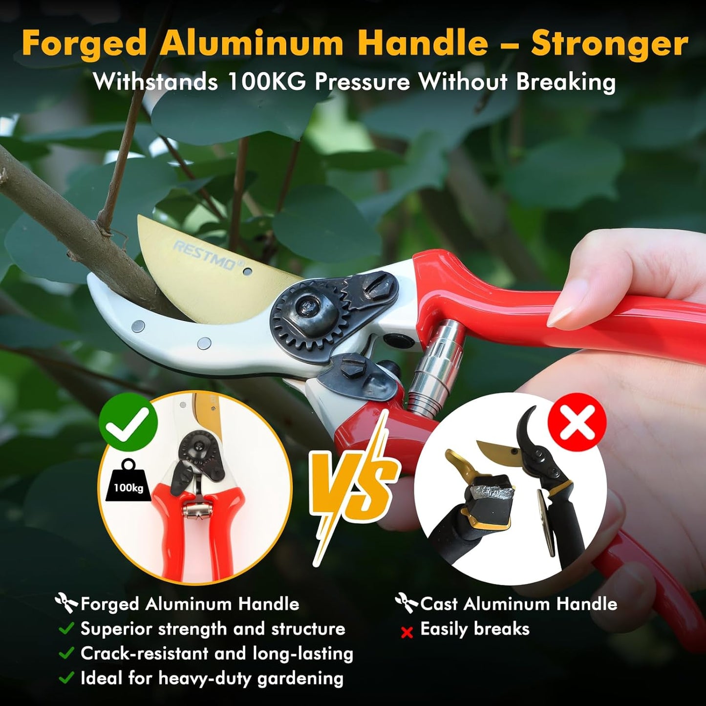 RESTMO 8.6" Professional Pruning Shears, Premium Titanium SKS5 Steel Blade, Forged Aluminum Handles for Durability & Long-Lasting Sharpness, Bypass Pruners for Gardening, Clippers & Scissor Tool