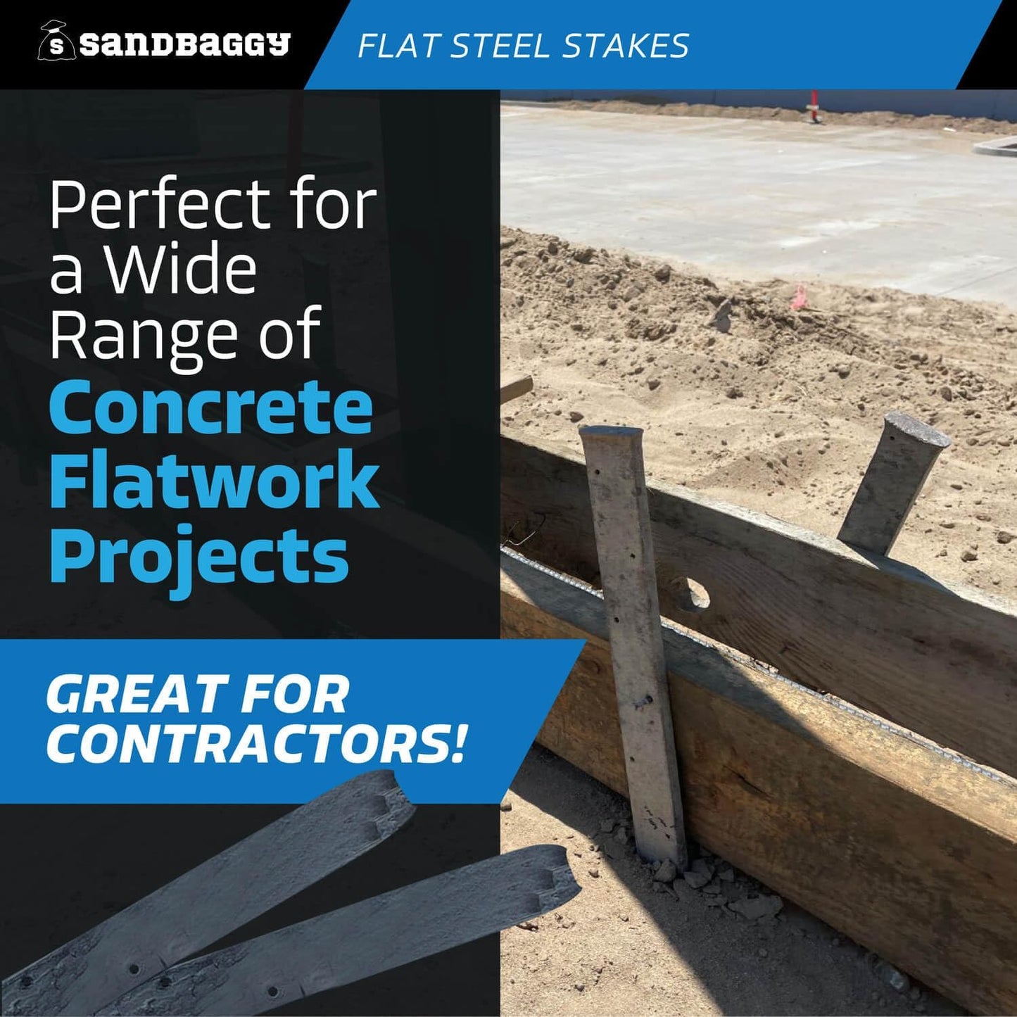 Sandbaggy Flat Steel Stakes for Concrete Forms with Nail Holes - 1.5" Wide - Painted - Removable, Reusable, V Point End - Construction Grade Stakes (100, 24 inch)