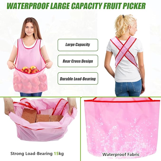 Fruit Picker and Gardening Harvest Storage Apron Set - 2.8m/9.2ft Fruit Picker Tool with Telescopic Handle, Stainless Steel Connecting Pole and Drawstring Storage Bag, Picker for Apple Lemon Cherry