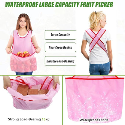 Fruit Picker and Gardening Harvest Storage Apron Set - 2.8m/9.2ft Fruit Picker Tool with Telescopic Handle, Stainless Steel Connecting Pole and Drawstring Storage Bag, Picker for Apple Lemon Cherry