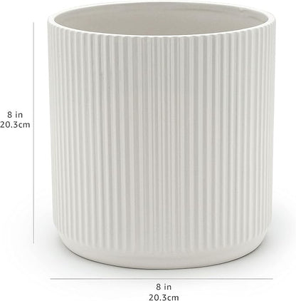 Amazon Basics Fluted Ceramic Round Planter, 8-Inch, White