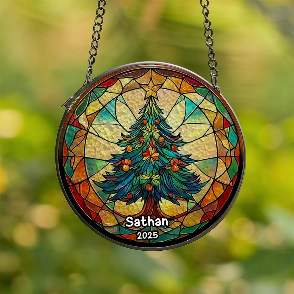 Personalized Stained Glass Christmas Tree Suncatcher, Christmas Handcraft Holiday Ornament with Name and Number, Gift for Family or Friend, Gift for Décor