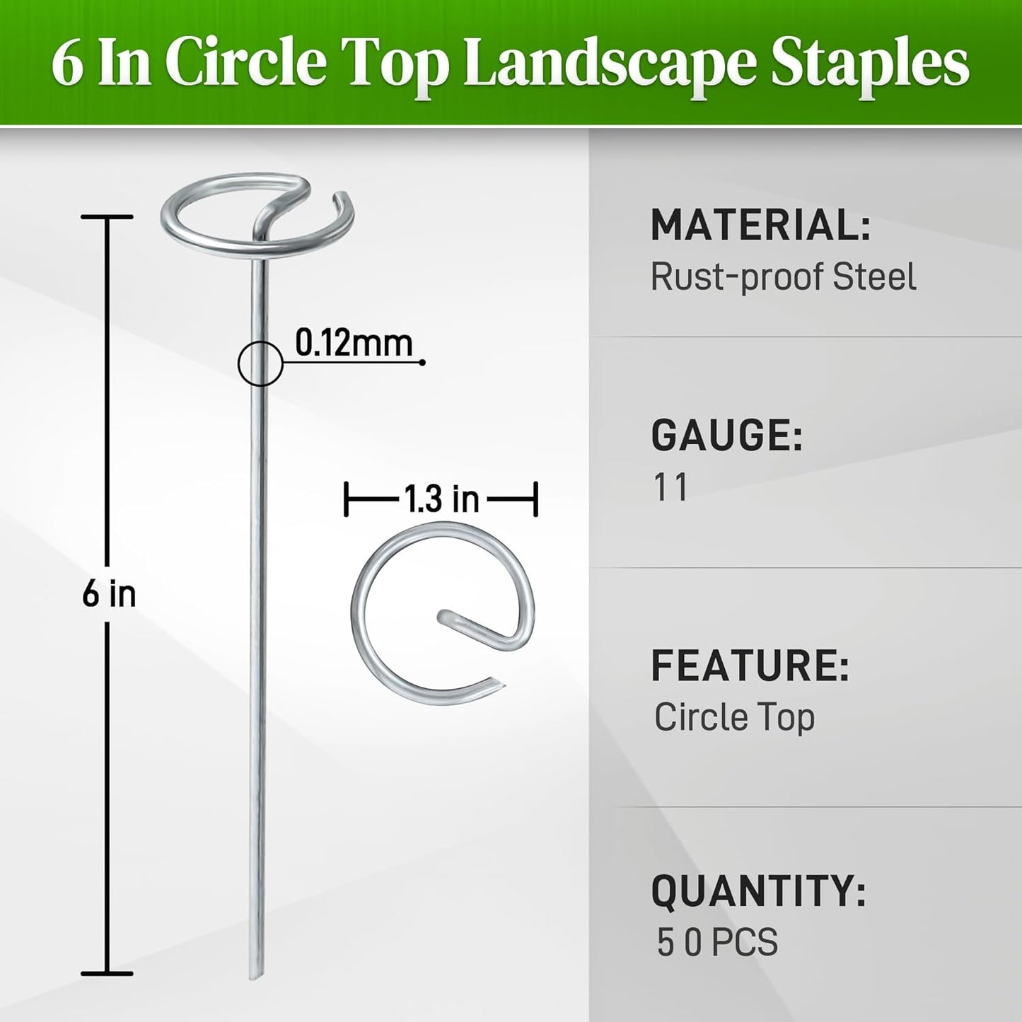 50 Pcs Landscape Fabric Pins,11 Gauge Circle Top Garden Staples, 6 inch Galvanized Landscape Fabric Stakes, Heavy Duty Yard Ground Pins for Outdoor Gardening Weed Barrier Sod