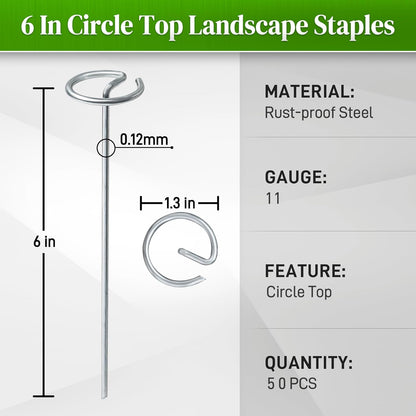 50 Pcs Landscape Fabric Pins,11 Gauge Circle Top Garden Staples, 6 inch Galvanized Landscape Fabric Stakes, Heavy Duty Yard Ground Pins for Outdoor Gardening Weed Barrier Sod