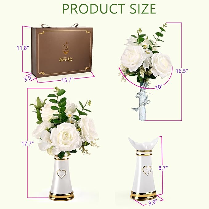 LoveLin Artificial Faux Flowers with Ceramic Vases，Affordable Luxury Artwork，Housewarming New Year Xmas Box for Wife Father，Living Dining Room Bedroom Office Hotel Home Decor White