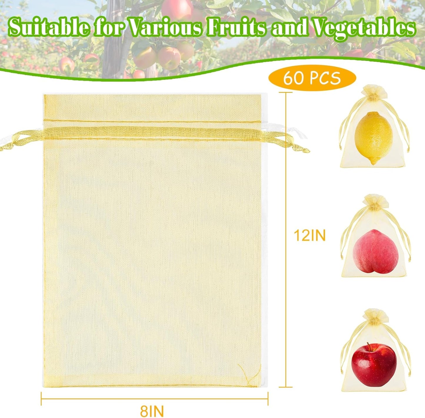 Morcheiong 60Pcs Fruit Protection Bags 8"" x 12"", Reusable Fruit Netting Bags for Fruit Trees, Garden Netting Mesh Bags with Drawstring (Yellow), M1076MCHYB