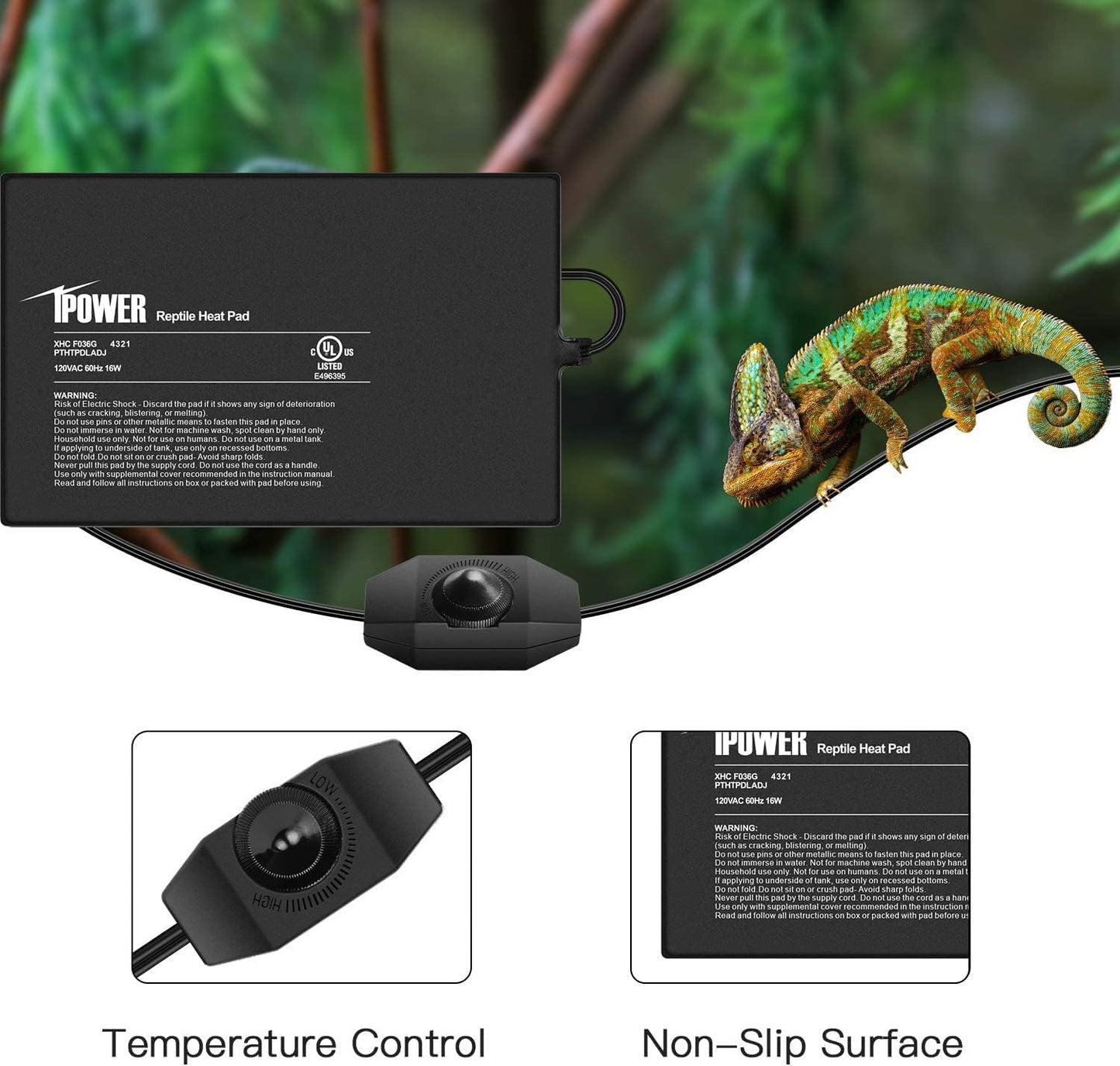 iPower 8 by 12-Inch 16 Watts Reptile Heating Mat with Temperature Controller Under Tank Warmer Terrarium Heat Pad for Reptiles and Amphibians, Black