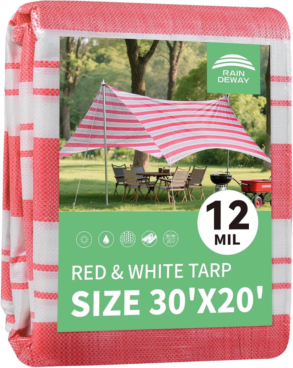RAINDEWAY Tarps 20x30 Feet,12 Mil Sunshade Striped Tarp Waterproof,Multipurpose Poly Tarp Cover with Grommets and Reinforced Edges,Red/White Tarps