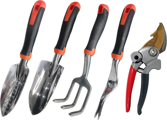 Garden Tools Set, 5 Piece Aluminum Hand Tool Kit with Ergonomic Handle, Heavy Duty Gardening Tools Include Hand Trowel, Transplant Trowel, Hand Rake, Weeder and Shears (Orange)