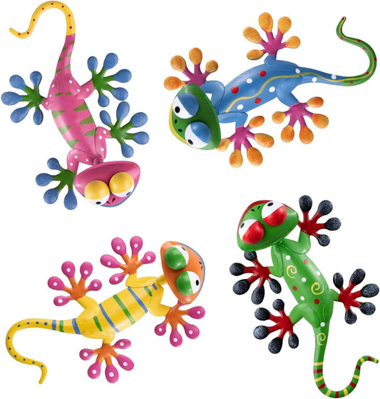 hogardeck Metal Gecko Outdoor Wall Decor, 4 Pack Lizard Art Garden Sculptures & Statues with Shaking Head Spring Decor for Front Yard Fence Patio