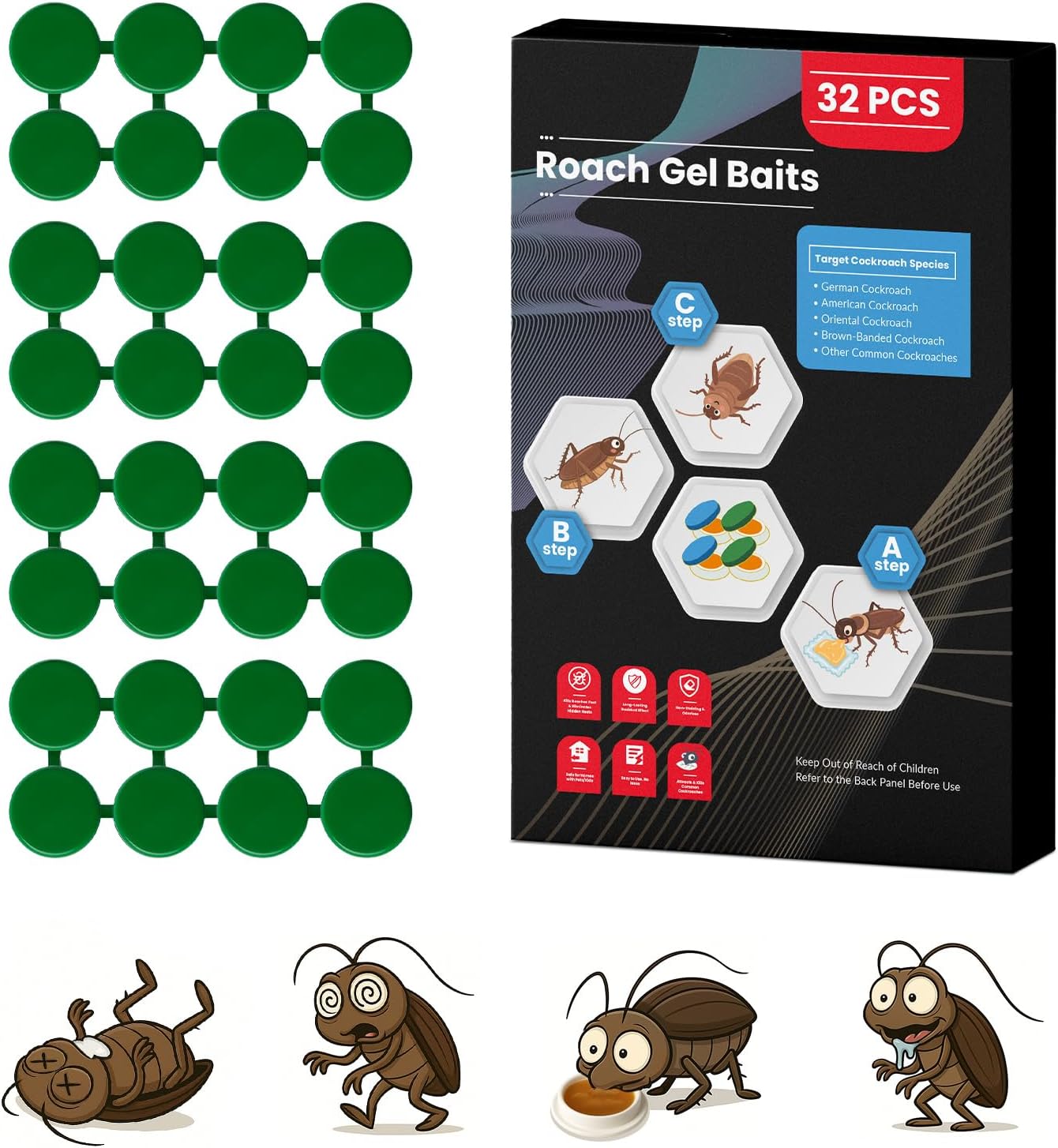 32 Pack Roach Killer Indoor Infestation Roaches Gel Bait Stations, Powerful Cockroach Killer Indoor Home for Roach Infestation, Long-Lasting & Effective Cockroach Gel Bait, Easy to Use & No Mess