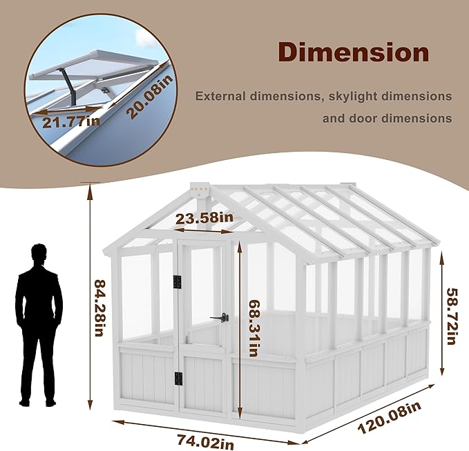 BlueWish 6x10 FT Greenhouse for Outdoors, Walk-in Green House with Cedar Frame, Adjustable Vent, Wood Greenhouses with 6MM Polycarbonate Panel, Greenhouse for Outside, Garden, Backyard, White