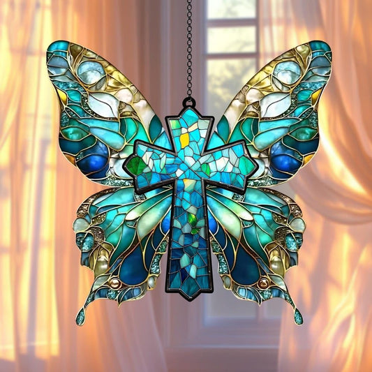 Christian Cross Acrylic Suncatcher Stained Glass Effect Window Car Hanging Christmas Ornament
