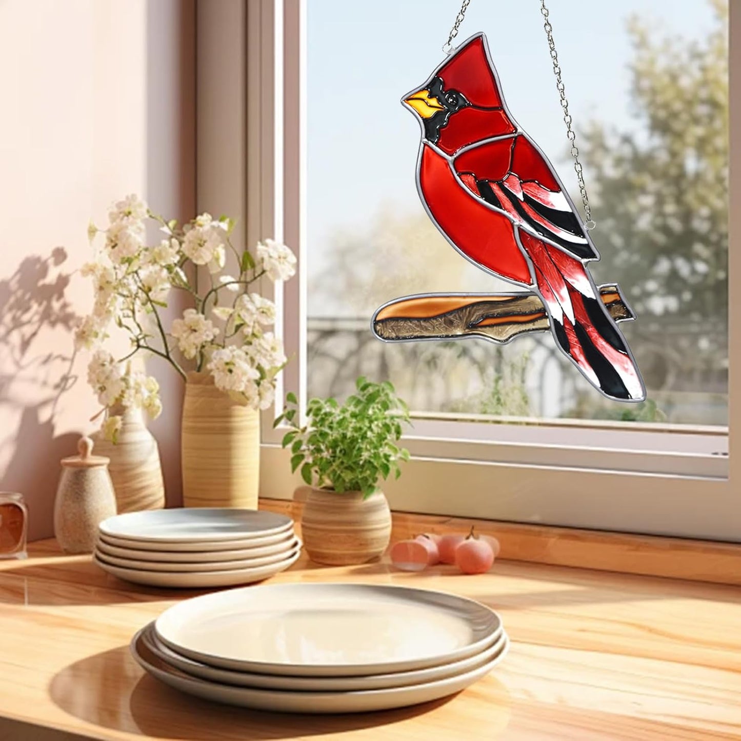 Red Cardinal Decor Stained Glass Bird Window Hanging Suncatcher for Window Decorations Ornament Farmhouse Cardinal Memorial Gifts on Branch for Bird Lovers Mom, Grandma