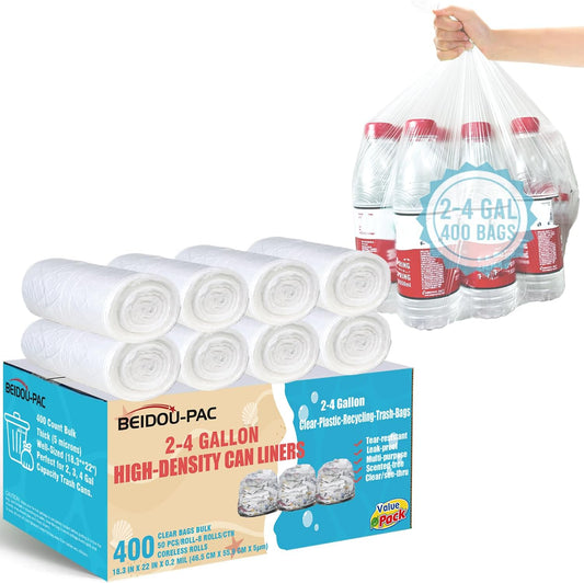 2-4 Gallon Trash Bags, 400 Count Bulk, Clear Plastic Recycling Bags, Small Multi-purpose Garbage