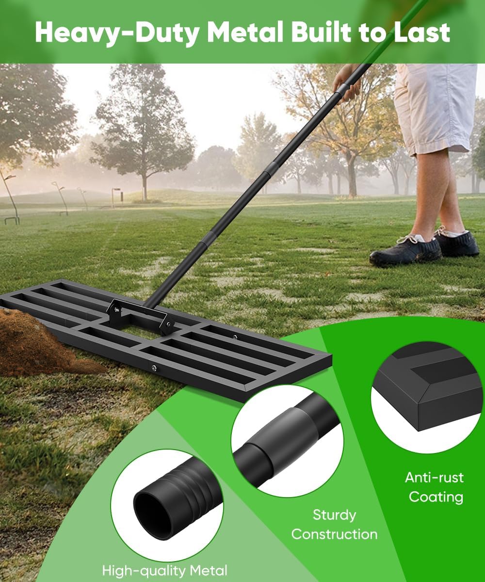36x10 inch Lawn Leveling Rake, Upgraded Lawn Leveler Tool Heavy Duty Reinforced Connection, Garden Rake with Adjustable Long Handle, Ground Leveler for Yard Smoothing Soil Grass Dirt Sand