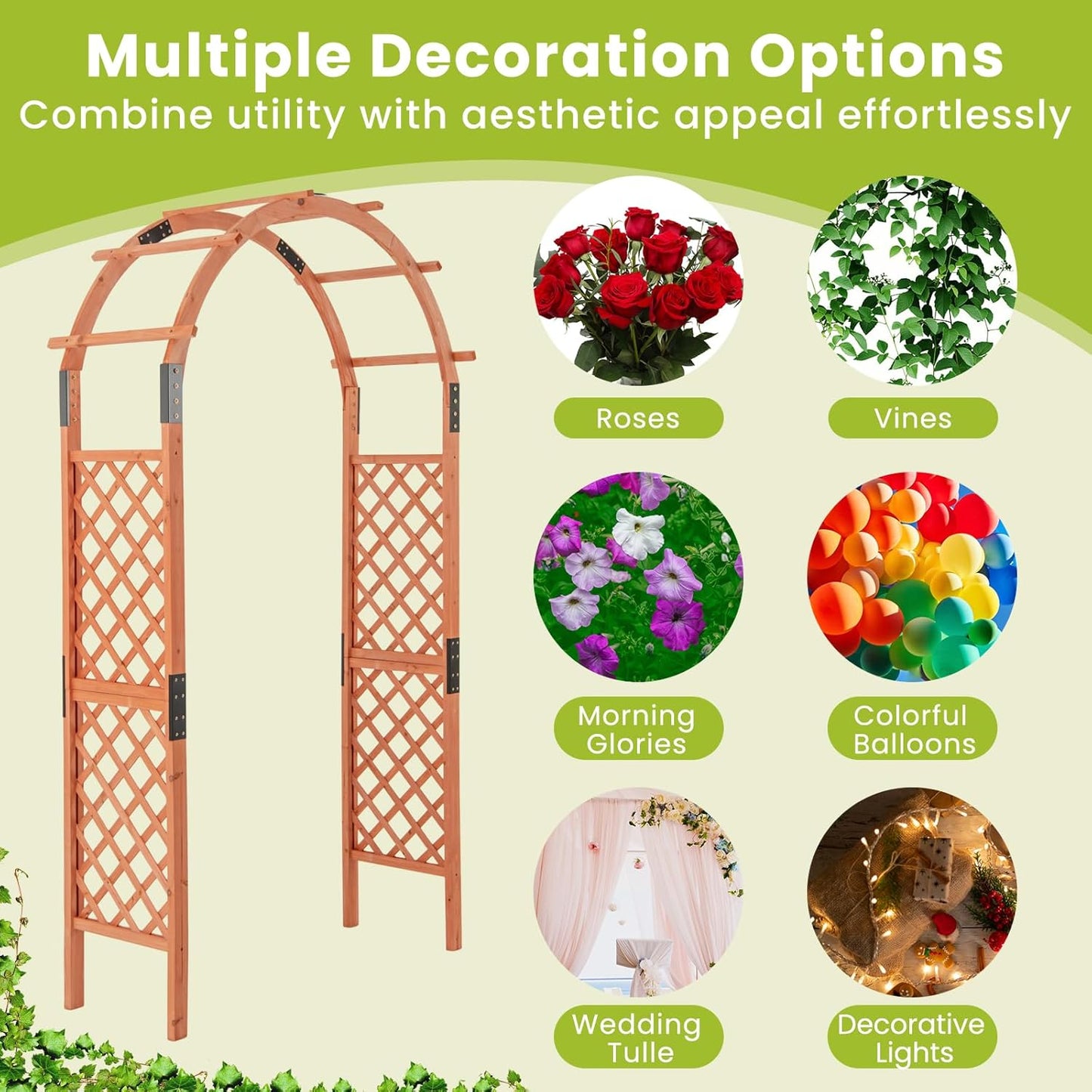 HAPPYGRILL 7.7 FT Wooden Garden Arbor, Outdoor Wood Garden Trellis for Climbing Plants, Wedding Arch Pergola for Ceremonies Parties, Solid Wood Backdrop Stand, Greenhouse Patio Lawn Decoration
