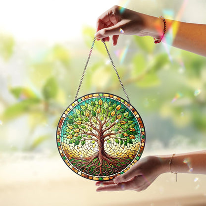 Personalized Tree of Life Stained Glass Suncatcher for Window, Handcrafted Boho Sun Catcher Decor, Spiritual Nature Ornament Gift for Women, Meditation Garden Home Office Wall Hanging Decoration