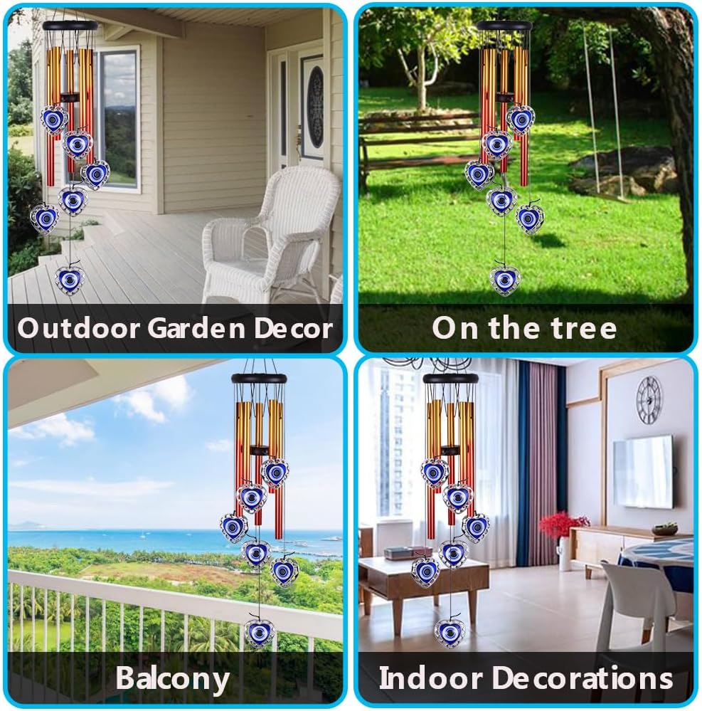 Blue Evil Eye Heart-Shaped Wind Chimes Outdoor Decor, Heart - Evil Eye Wind Bells, Mobile Evil Eye Windcatcher, Blue Evil Eye Amulet Wind Chimes for Home, Gifts for Mom,Balcony,Patio,Garden Decoration