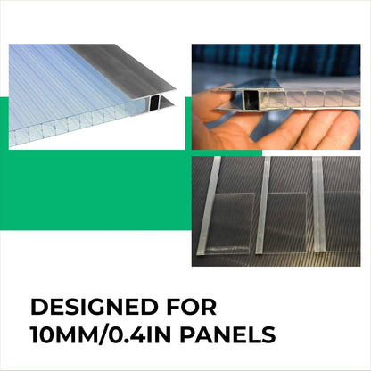Aluminum H Connectors - Fits 4mm, 6mm, 8mm, or 10mm Twin-Wall Greenhouse Panels, Join 2 Pieces of Panels Together, 4-Foot Length, 10 Pieces (8mm Aluminum H Connectors)