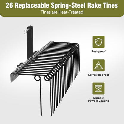 GAOMON 60 Inch Pine Straw Rake, 26 Coil Spring Tines Durable Powder Coated Steel Tow Behind Landscape Rake with 3 Point Hitch Receiver Attachment Fit to Cat0 Cat 1 Tractors for Leaves Grass, Black