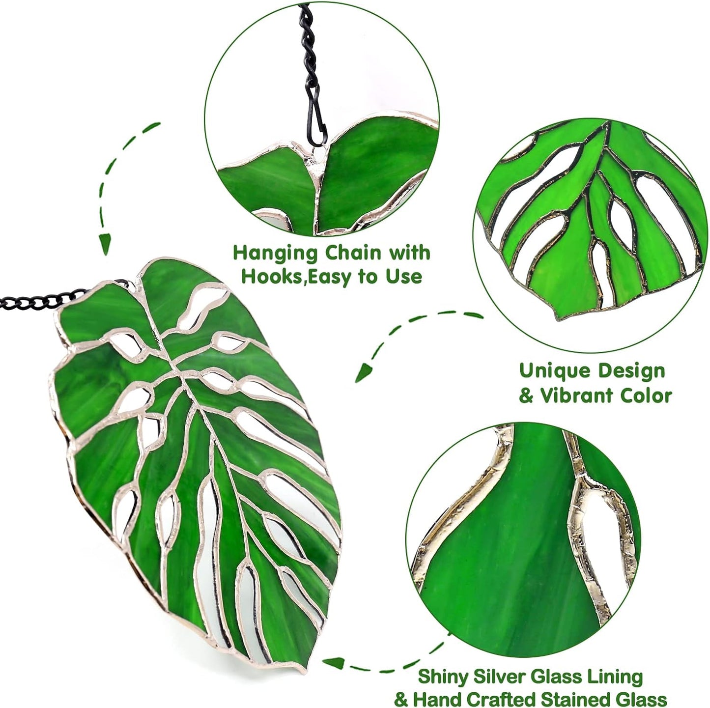Tuitessine Monstera Suncatcher Stained Glass Leaf Exotic Jungle Tropical Decor Window Wall Hanging Home Decor Green Nature Ornament Glass Panel Birthday Gift for Grandma Plant Lovers 7.5 * 6.5”