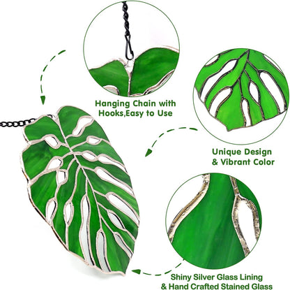 Tuitessine Monstera Suncatcher Stained Glass Leaf Exotic Jungle Tropical Decor Window Wall Hanging Home Decor Green Nature Ornament Glass Panel Birthday Gift for Grandma Plant Lovers 7.5 * 6.5”