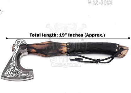 SHINY CRAFTS® Handcrafted Decorative Viking Axe with Leather-Wrapped Handle & Sheath – Engraved Blade – Ceremonial Collectible Gift for Men, Warriors, History Buffs, Cosplay & Display (VBA-03)