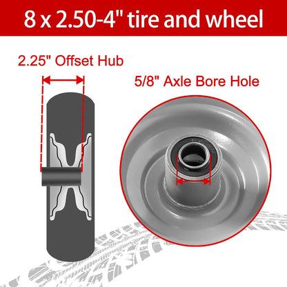 8-Inch Solid Tire Replacement - 2.50-4"Flat Free Tire and Wheel Heavy-Duty for Gorilla Carts, Yard Tractors, Wagons - Replacement Tires with 5/8" Bearings & 2.25" Offset Hub(2 Pack)