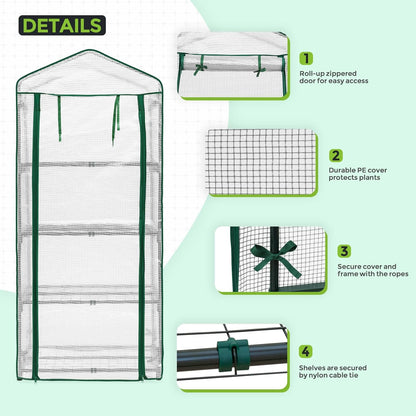 EAGLE PEAK Mini Greenhouse with Wire Shelves, Portable Indoor & Outdoor Green House with Roll-Up Zipper Door, 4 Tier, 27.2"x19.3"x64.2", Clear/White PE Cover