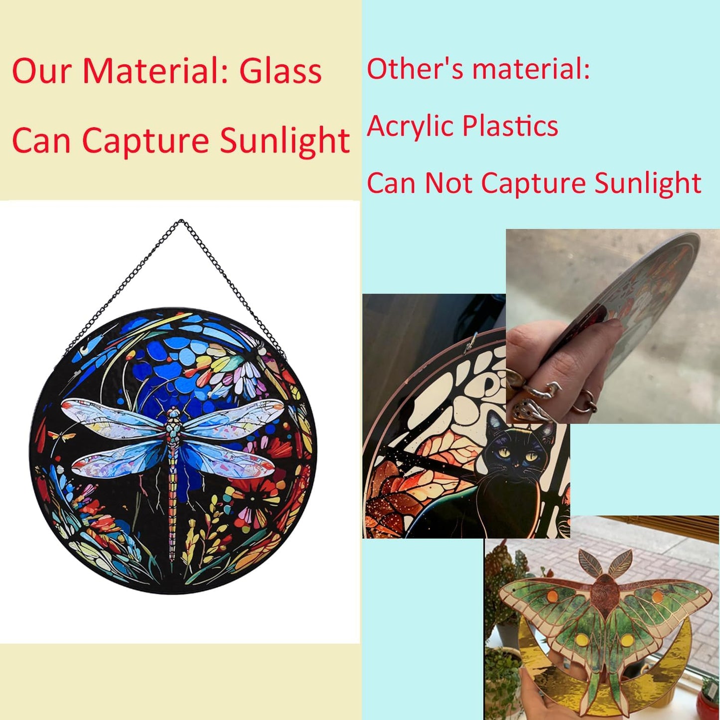 Hanging Stained Glass for Windows,20cm/7.87inch Dragonfly Hand-Painted Sun Catcher Garden Hangings Christmas Mother's Day, Valentine's Day Ornaments Festival Gift (A Style)