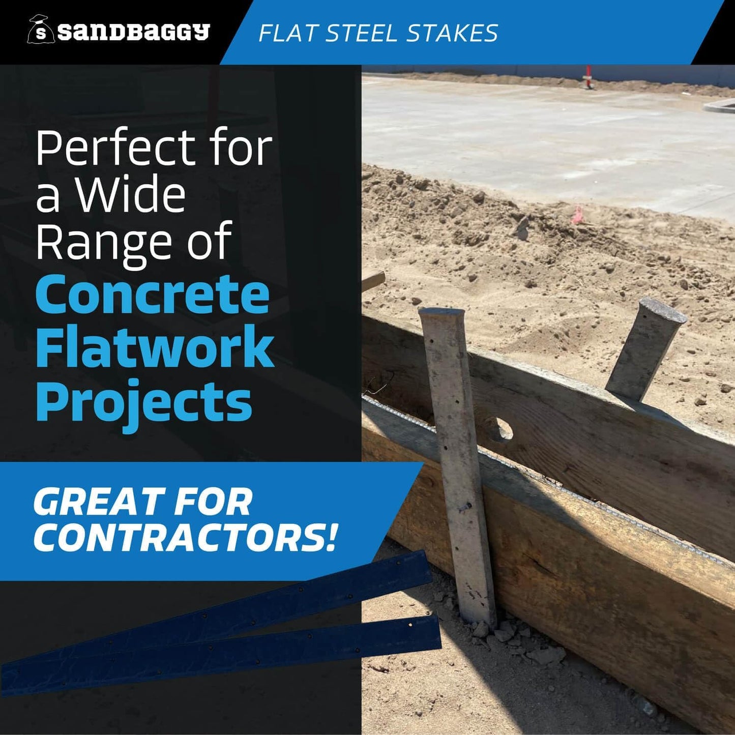 Sandbaggy Flat Steel Stakes for Concrete Forms with Nail Holes - 1.5" Wide - Painted - Removable, Reusable, V Point End - Construction Grade Stakes (10, 48 inch)