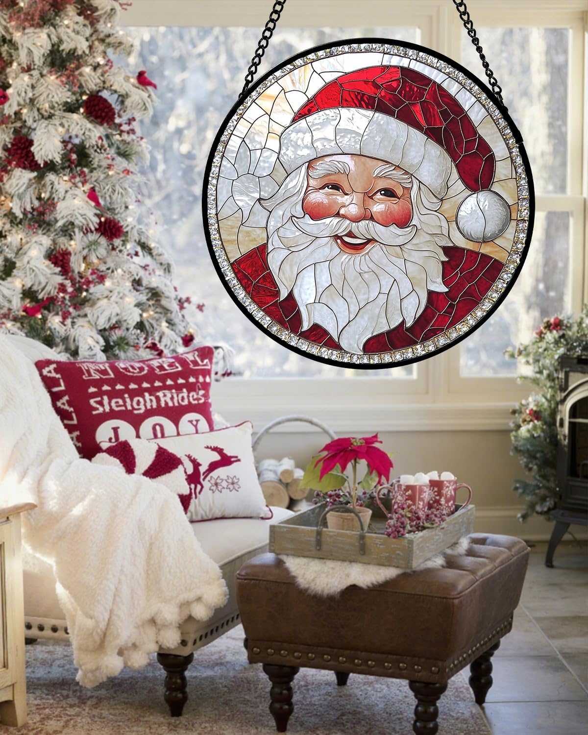 Stained Glass Window Hanging - Santa Claus with White Beard Suncatcher for Doors Home Christmas Decoration Winter Sun Catcher Thanksgiving New Year Birthday Gifts for Women Men Mom Nana 15 in