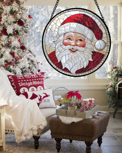Stained Glass Window Hanging - Santa Claus with White Beard Suncatcher for Doors Home Christmas Decoration Winter Sun Catcher Thanksgiving New Year Birthday Gifts for Women Men Mom Nana 9.8 in