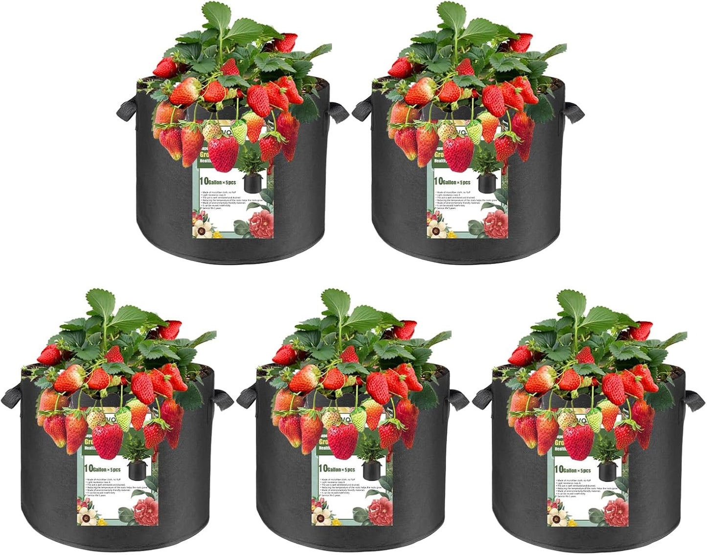 5-Pack 10 Gallon Fabric Grow Bags with Handle, Heavy Duty 300G Thickened Nonwoven with Handles and Reusable, Suitable for Garden Vegetables,Fruits and Flowers(Black)
