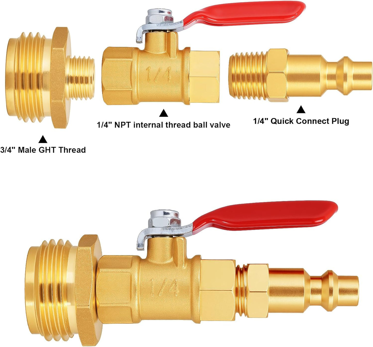 RV Winterize/Winterization Blowout Adapter - Brass with Ball Valve, 1/4" Male Quick Connect to 3/4" Male & Female GHT Garden Hose Thread