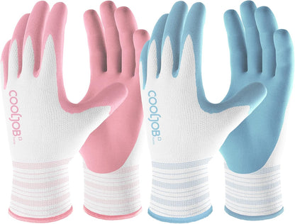 COOLJOB 2 Pairs Gardening Gloves for Women Ladies, Breathable Rubber Coated for Yard Garden, Outdoor Indoor Protective Work with Grip, Small Size, Blue & Pink