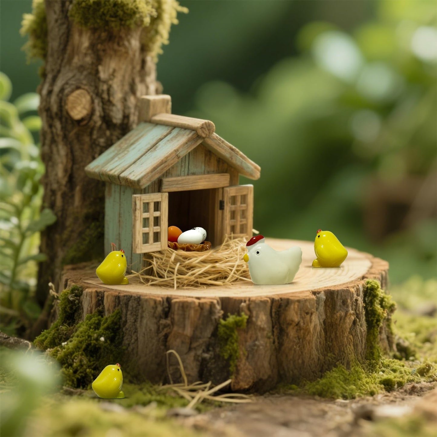Tiny Chicken Family Scene Rooster, Hen, Chick, Egg, and Nest - Perfect for Fairy Garden or Miniature Displays