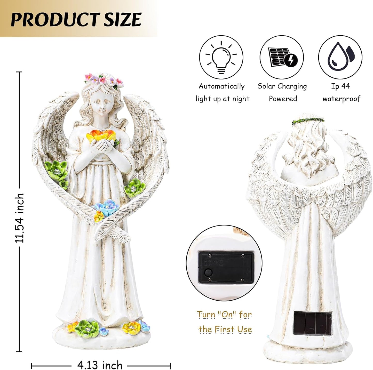 Solar Angel Outdoor Garden Decor Statues - 11.5 inches Angel Figurines Outdoor Sculptures with Succulent, Garden Statues for Outside, Patio, Balcony, Lawn Ornaments or Housewarming Gift