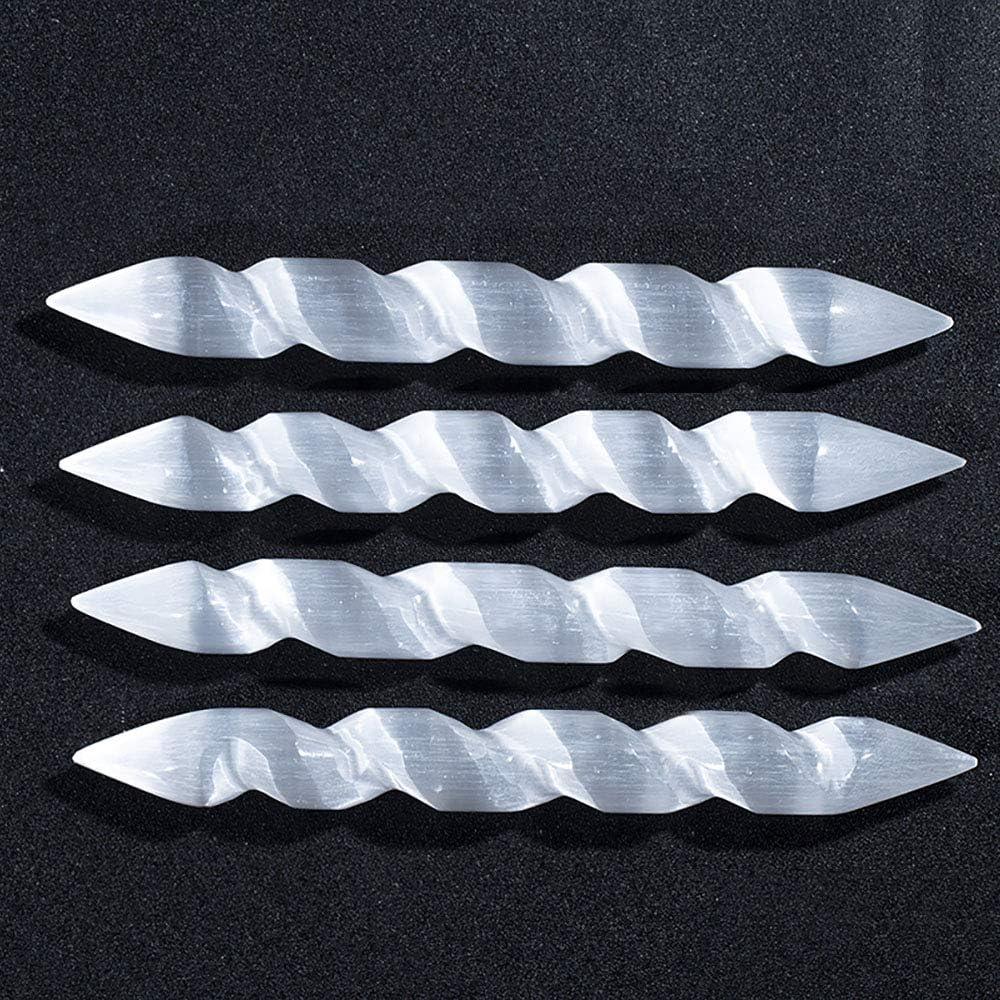 JIC Gem 4pc Selenite Spiral Wand Double Point Moroccan Selenite Crystals and Healing Stones 6-6.5 inch