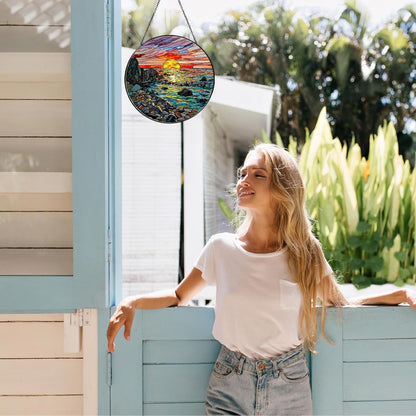 Waves on The Beach Stained Glass Window Hanging Sunset at The Seaside Sun Catcher Beach Lover Gifts for Women Nature Lover Wall Hanger Handmade SunCatcher Decoration, 7.87inch