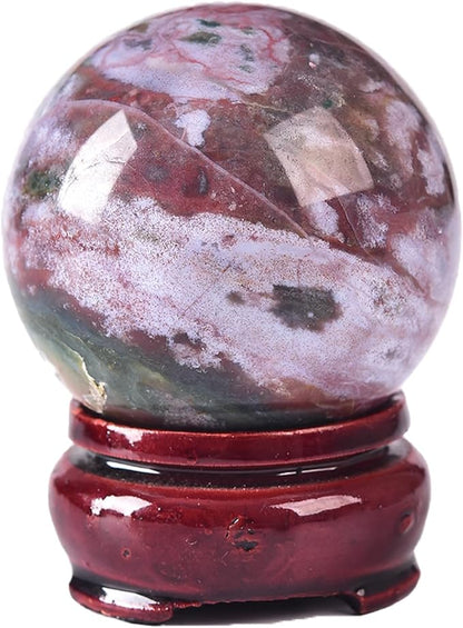 JIC Gem Natural Ocean Jasper Crystal Sphere Crystal Decorative Ball with Wooden Stand Meditation Balls for Witchcraft Reiki Healing Gift 60-70mm