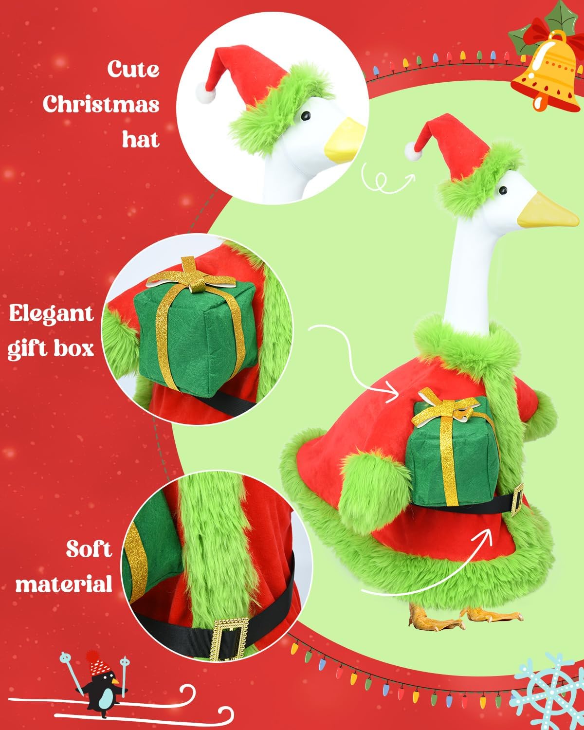 Christmas Porch Goose Outfits - Green Santa Claus Custome for 23 inch Porch Goose, Christmas Outdoor Decor for Lawn, Yard & Garden