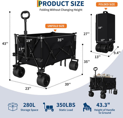 35" Foldable Wagon for Beach with 350lbs Weight Capacity, Heavy Duty 280L Extra Large Collapsible Foldable Wagon for Camping, All Terrain Beach Wagons Extended with Cup Holders for Sand