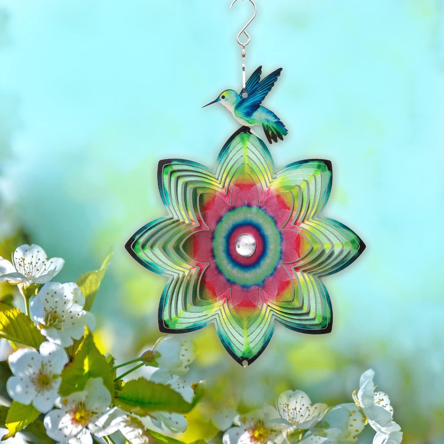 SPRING SONG Hummingbird on Mandala Flower Wind Spinner for Yard and Garden Stainless Steel Spinner Indoor and Outdoor Hanging Decor Crafts Ornament Gifts Kinetic Art Yard Garden Hanging Wind Spinner